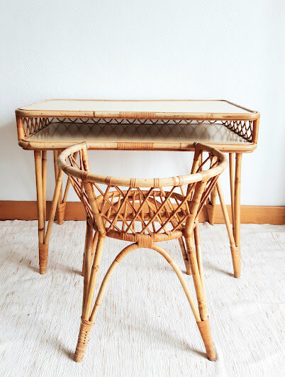 Rattan desk and chair with braces 1960