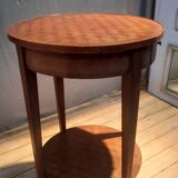 Round marquetry pedestal table with 2 shelves