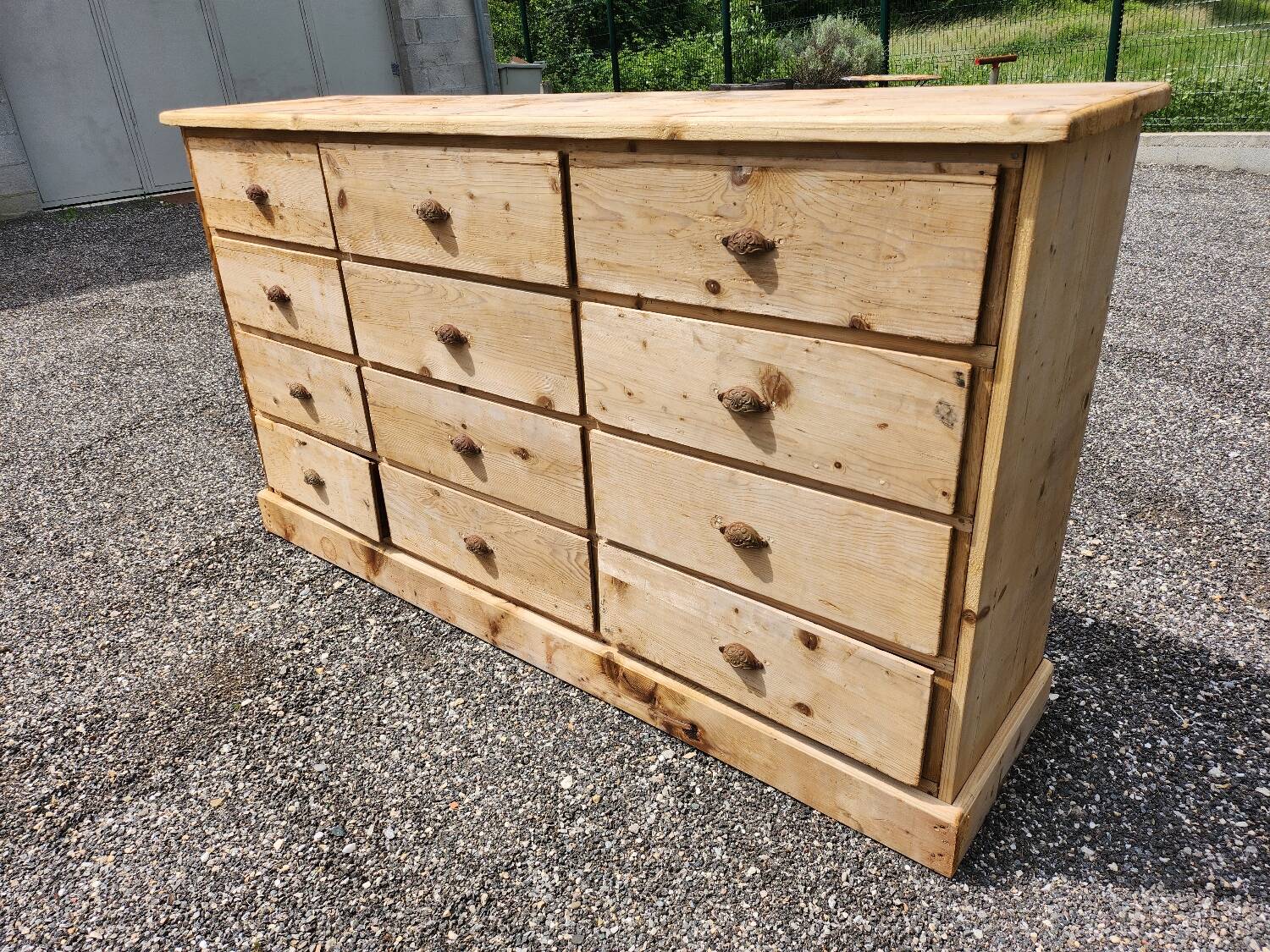 Antique fir wood workshop cabinet with drawers