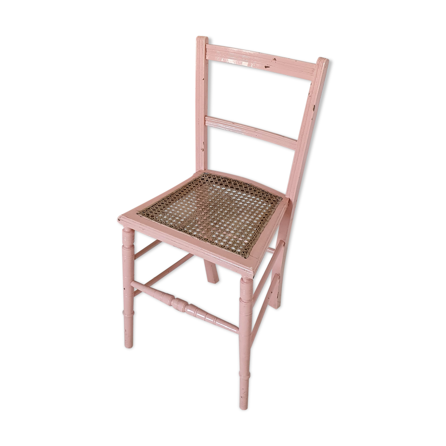 Chaise ancienne vintage rose avec assise cannage