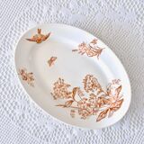 Grand plat ovale XIXe Longwy terre de fer sépia "Botanique" oiseau