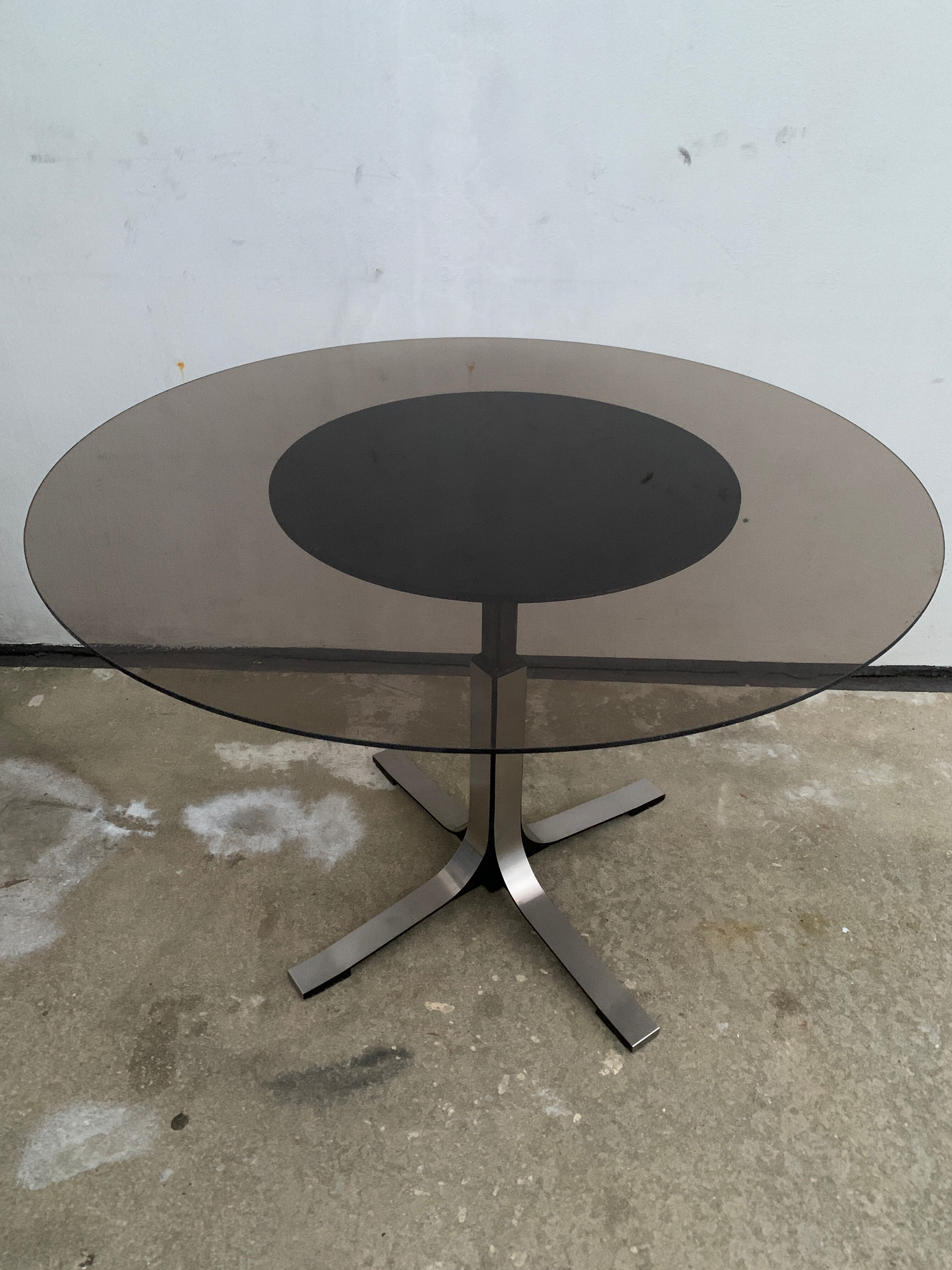 Table basse ajustable en table de séjour en inox avec verre fumé, 1970