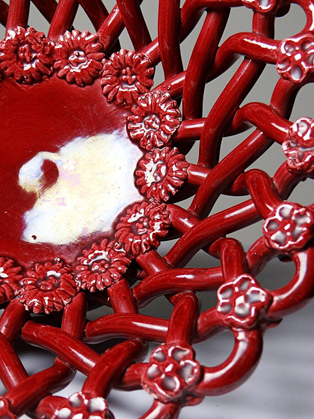 Small vintage 1970s-90s openwork braided red ceramic bowl by Pichon Uzès