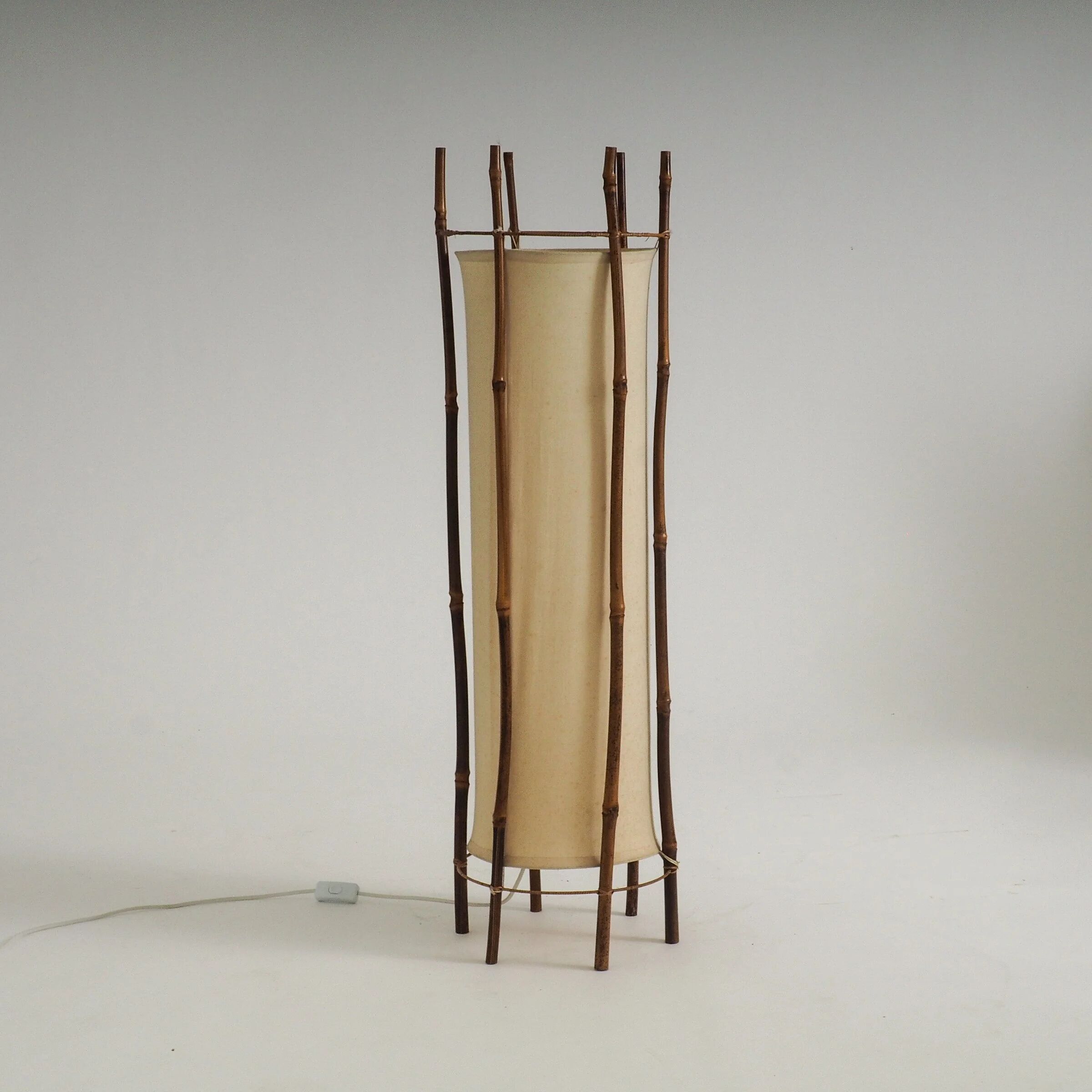 Large bamboo & linen floor lamp by Louis Sognot