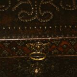 17th century studded leather travel trunk, richly decorated