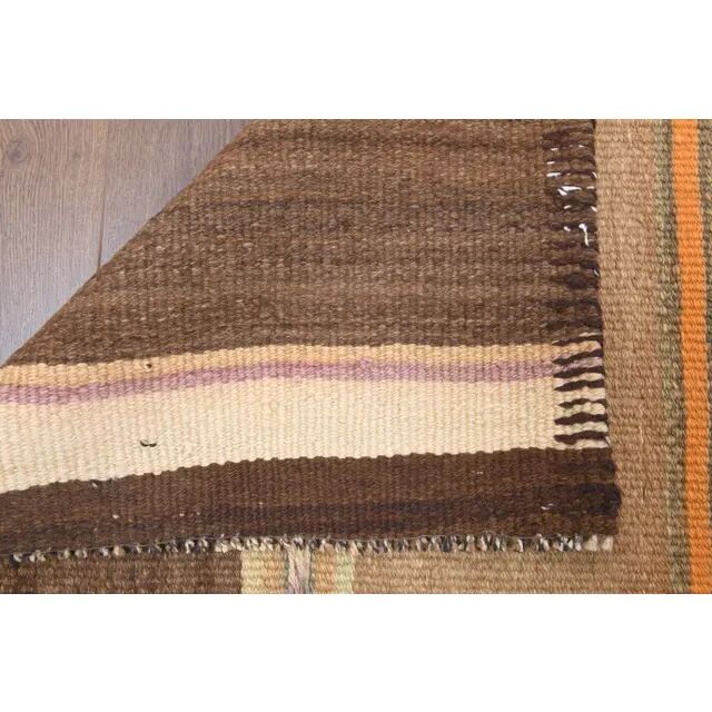 Vintage Turkish Oushak handmade wool cotton beige kilim runner rug 79x303