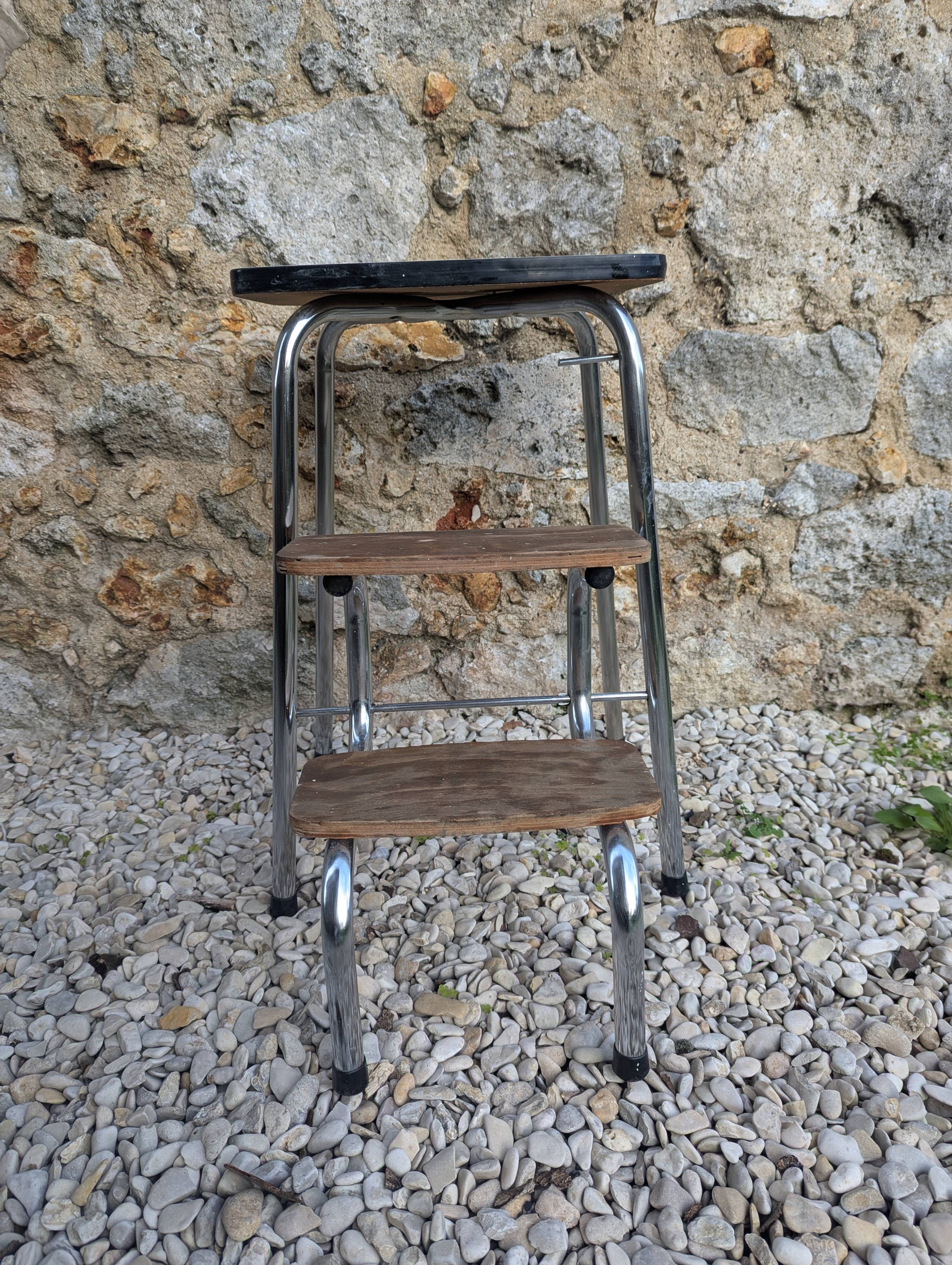 Vintage metal, Formica and wood step stool - 1960s