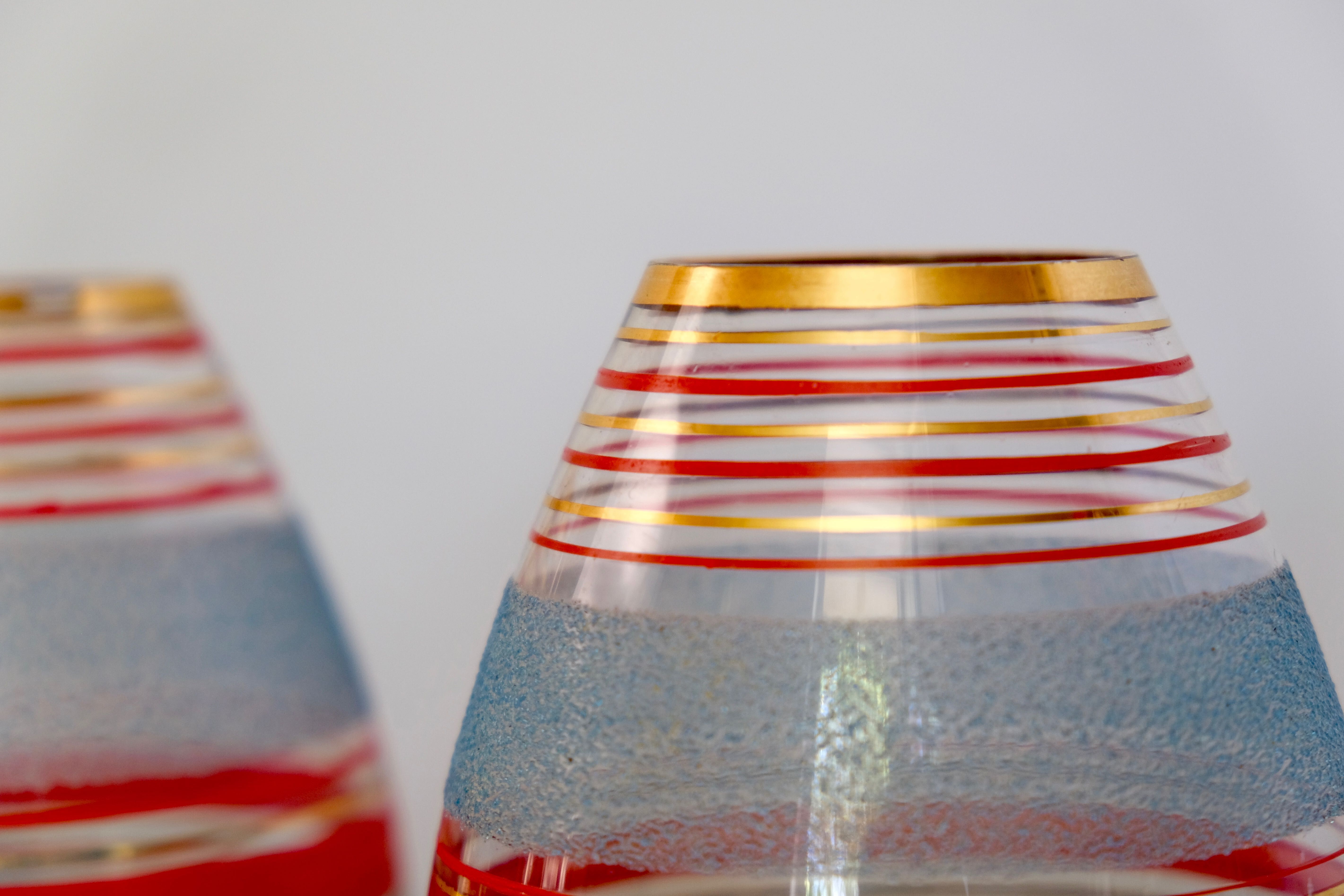Vase year 50/60 blue granite glass, golden red stripes