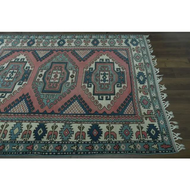 1970s Vintage Turkish Oushak Handmade Wool Cotton Pink Area Rug  192x256