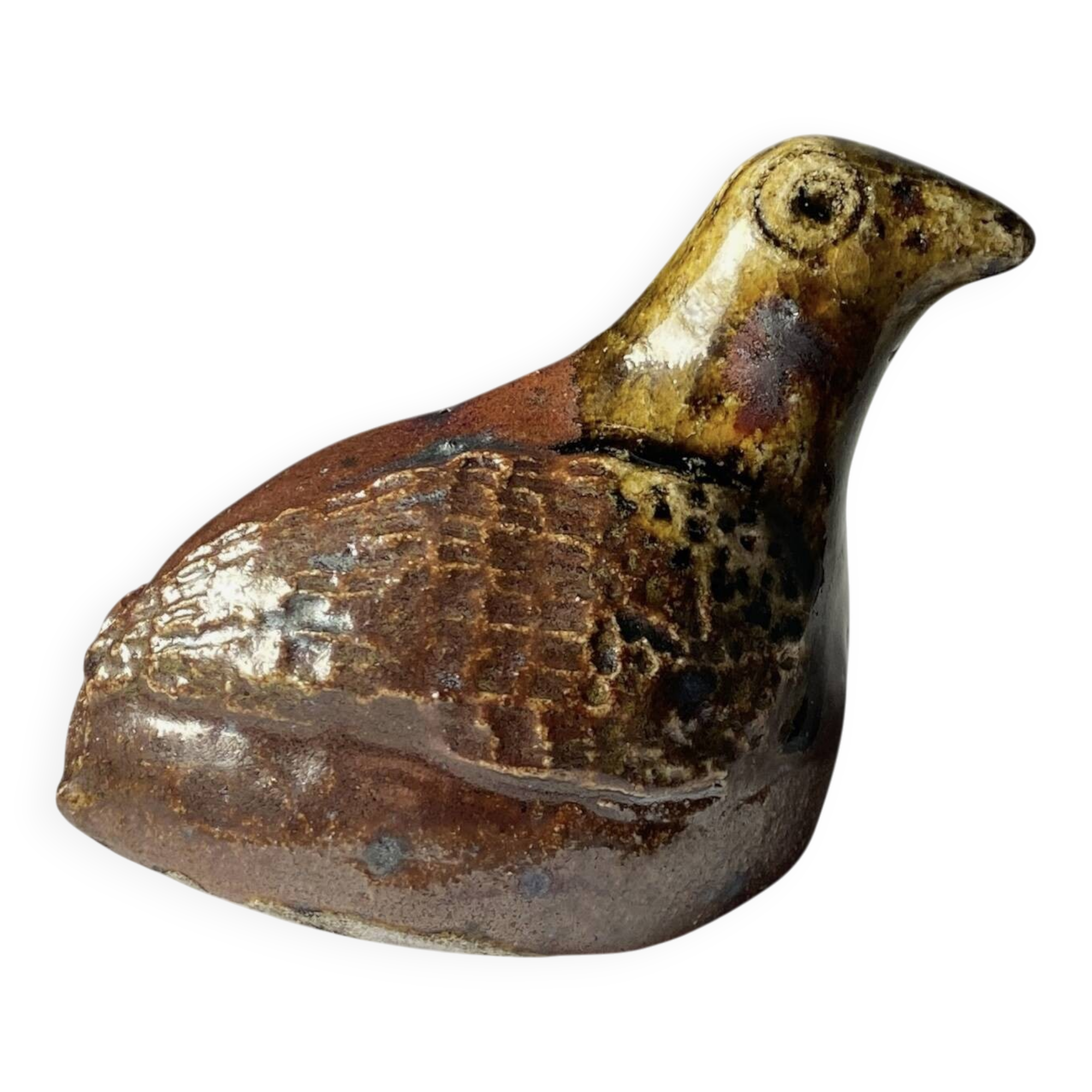 Ancient zoomorphic whistle of a partridge bird in glazed stoneware from La Borne.