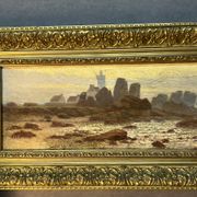 A. Laemmermann, oil painting on cardboard depicting a rocky landscape.