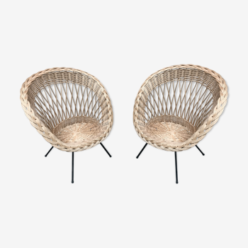 Pair of wicker rattan chair metal foot 1950s