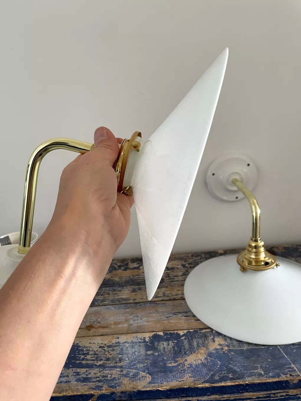 Set of two electrified white opaline wall lamps to nine