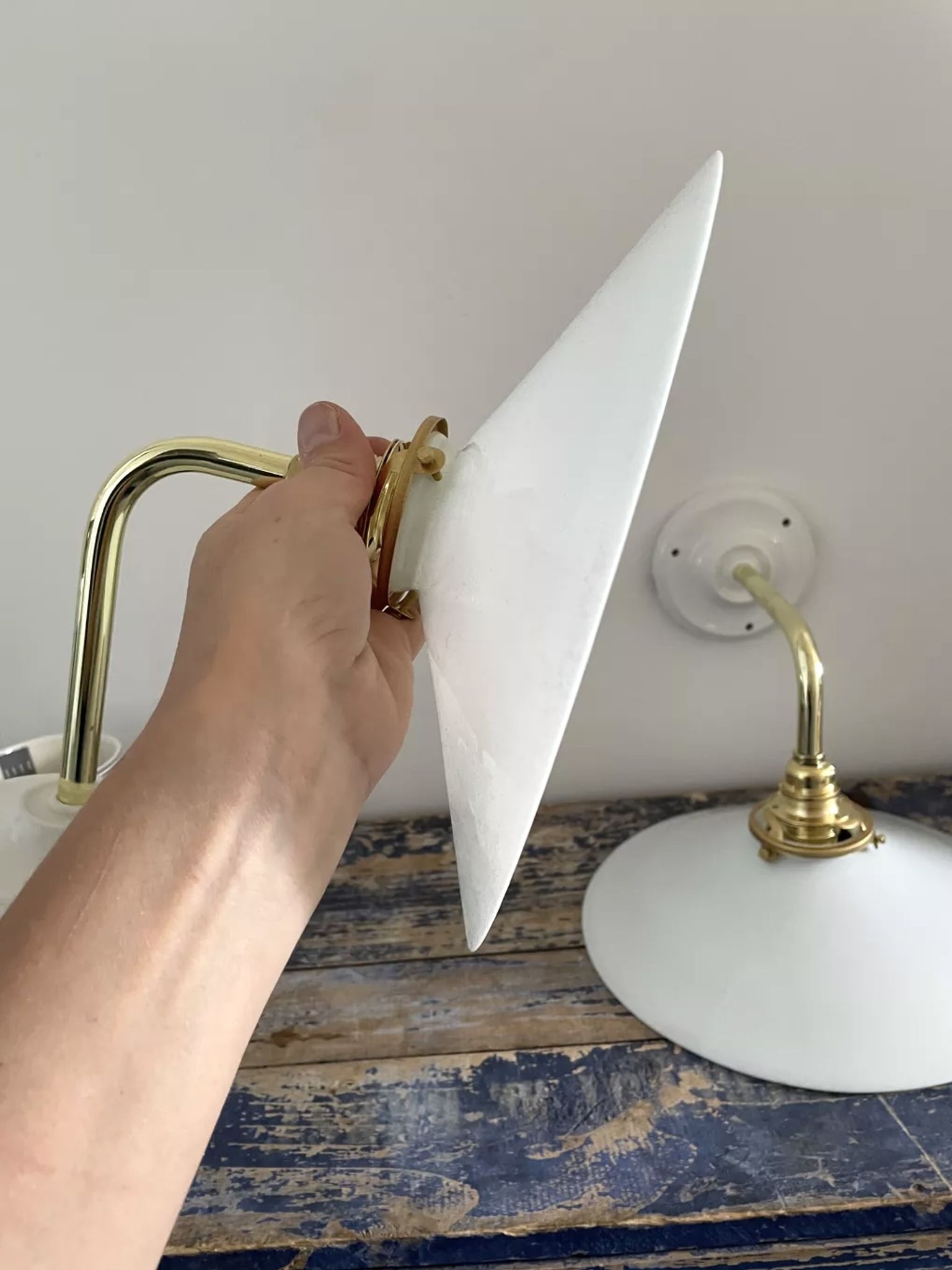 Set of two electrified white opaline wall lamps to nine