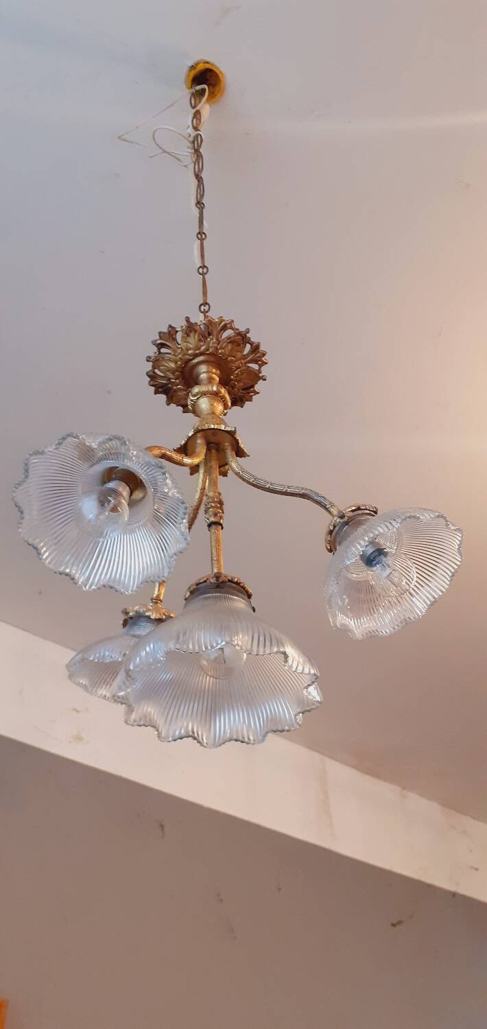 Chandelier in gilded bronze late 19th century around 1900 holophane glassware