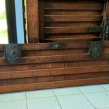 Japanese antique wooden chest with black fittings.