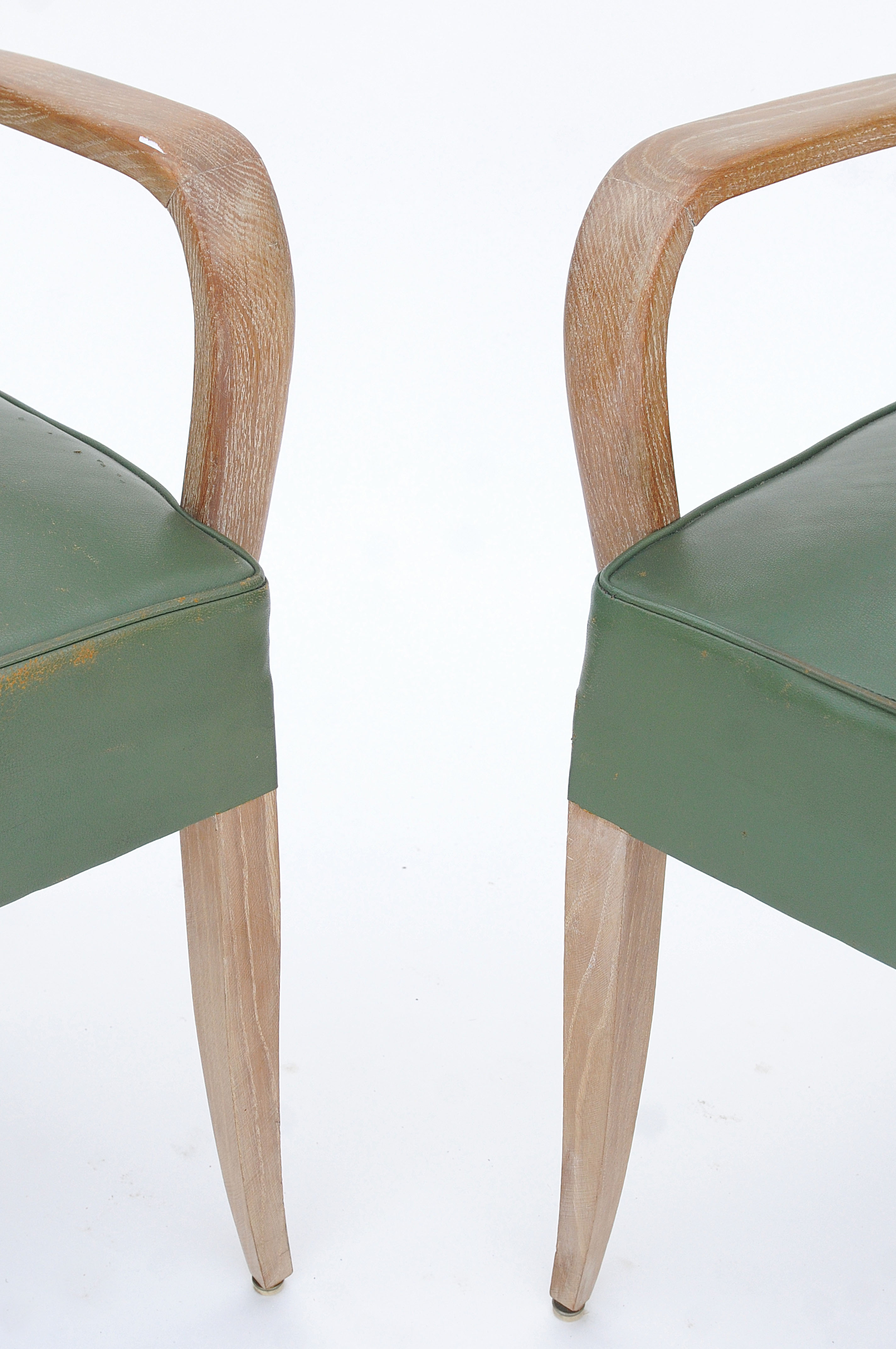 Pair of bridge chairs in cerus wood and green leather