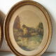 Old pair of lithographs house at the edge of the water signed wooden medallion frame