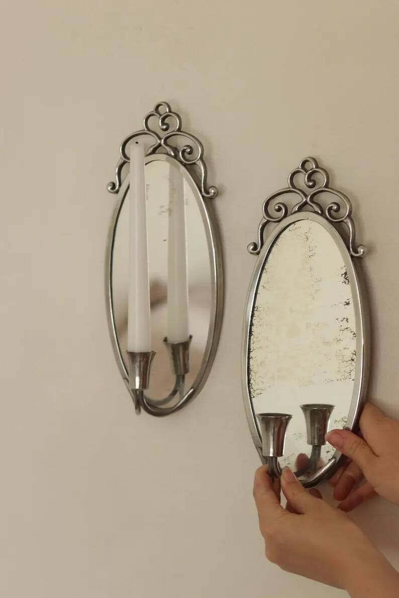 Pair of Swedish Tin Wall Sconces, Mid-Century Style with Mirror by Svenskt - Tenn
