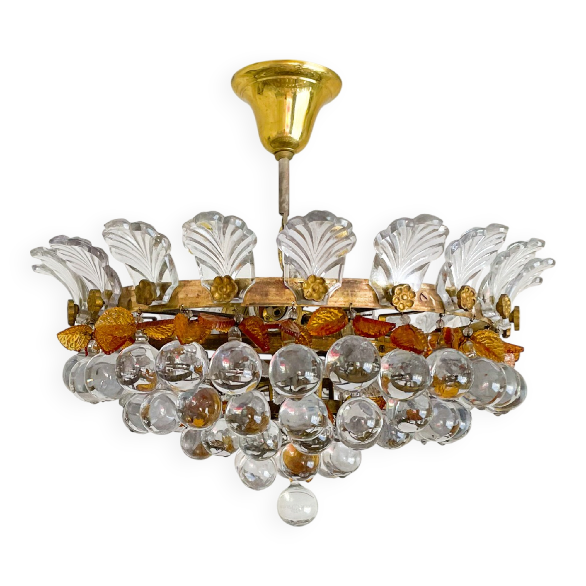 Vintage Murano glass chandelier, solid brass, Spain 1960s.