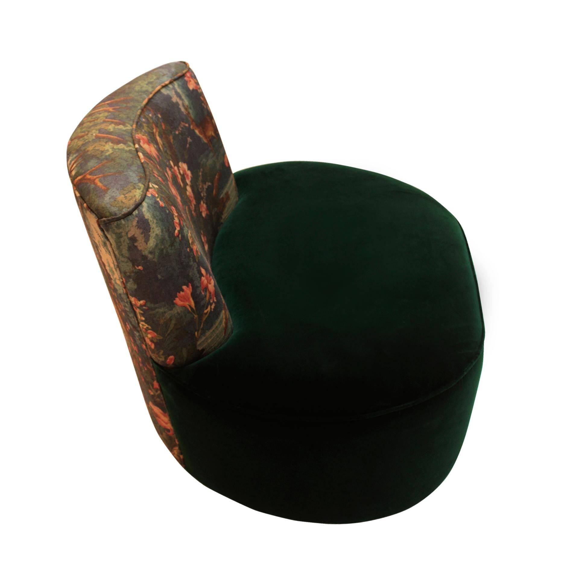 Modern Mid-Century Style Green and Forest Motif Linen and Velvet Armchair France