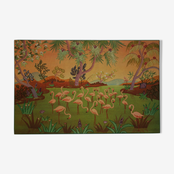 Tapisserie broderie murale paysage flamands rose vintage