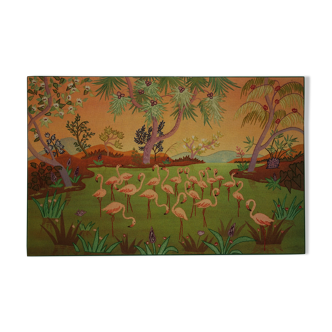 Vintage pink flamingo landscape wall embroidery tapestry