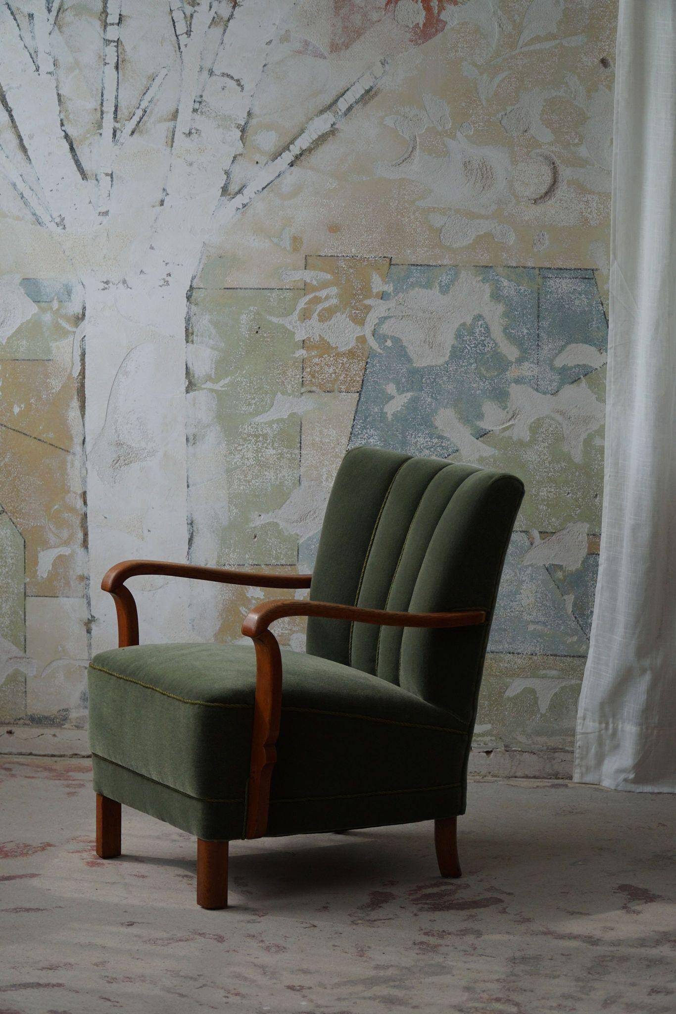 Danish Art Deco, set of 3 oak armchairs, reupholstered in green mohair, 1930s.