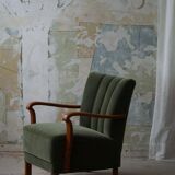 Danish Art Deco, set of 3 oak armchairs, reupholstered in green mohair, 1930s.