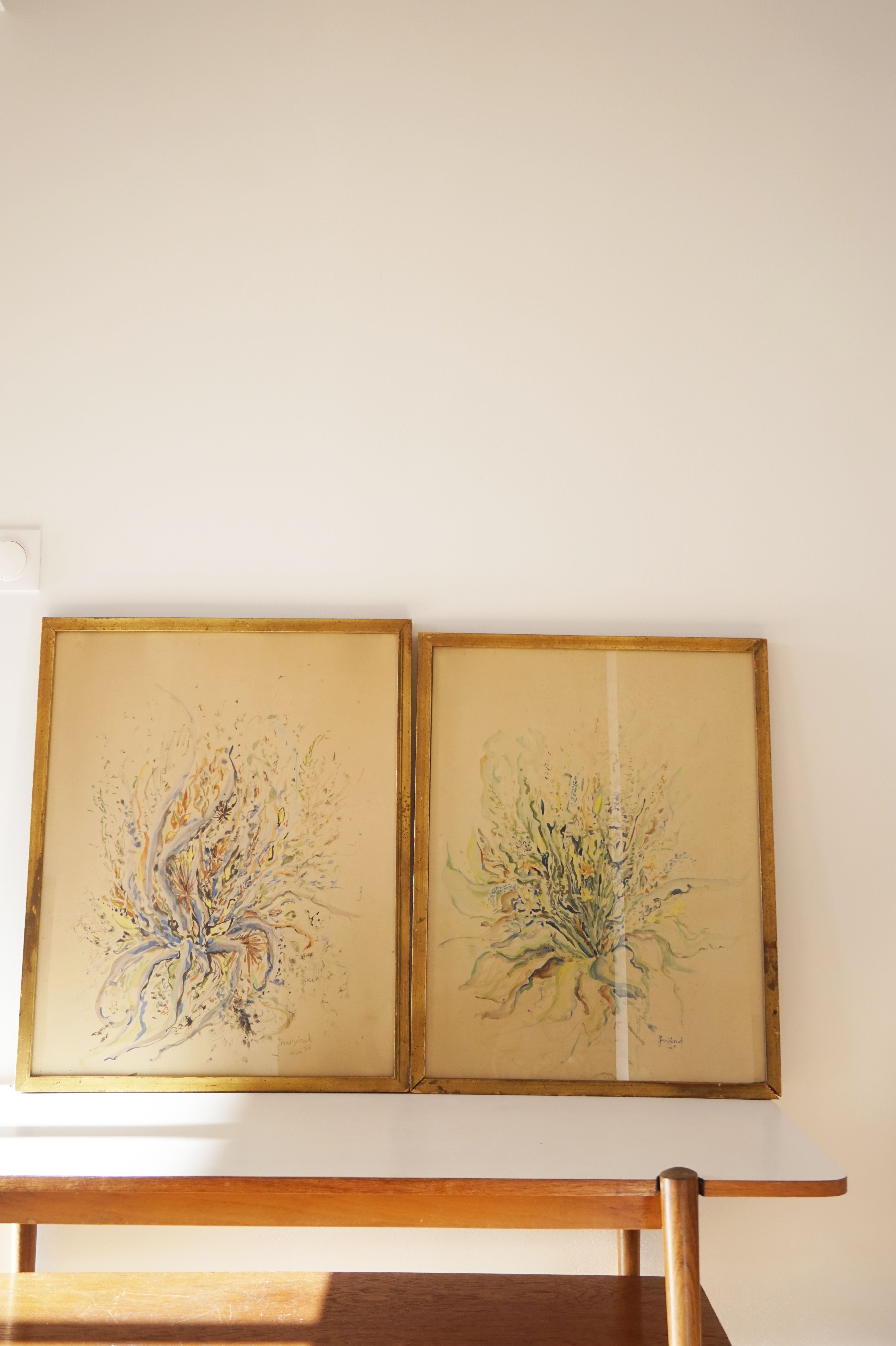 Pair of vintage paintings 1950 frame gilded wood