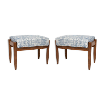 Paire de tabourets vintage en lin blanc et bleu du milieu du siècle, Edmund Homa, années 1960