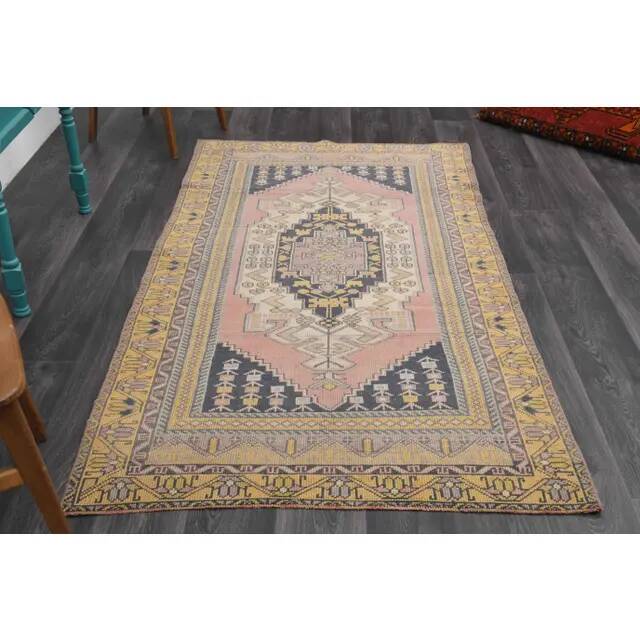 1970s Vintage Turkish Hand-Knotted Wool Cotton Pink Area Rug 124x226