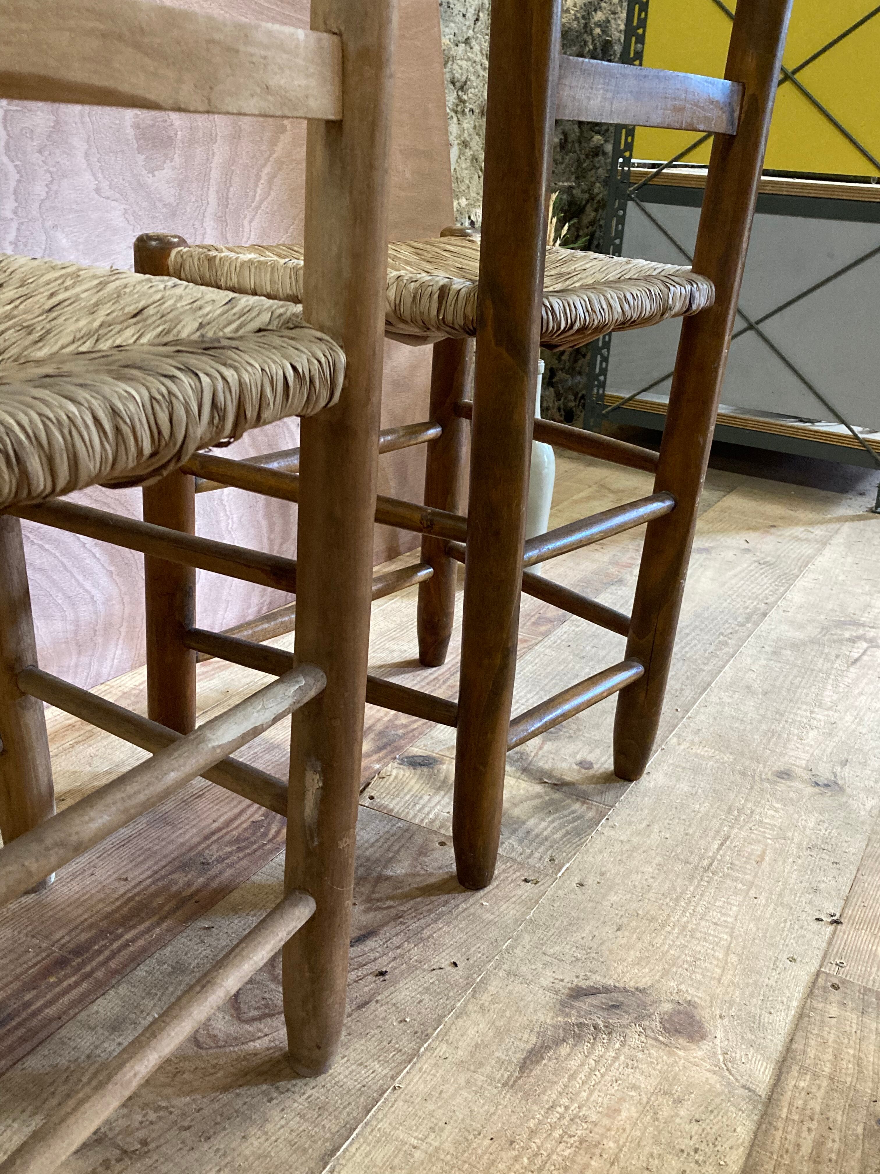 Pair of rustic-style vintage straw wood brutalist chairs