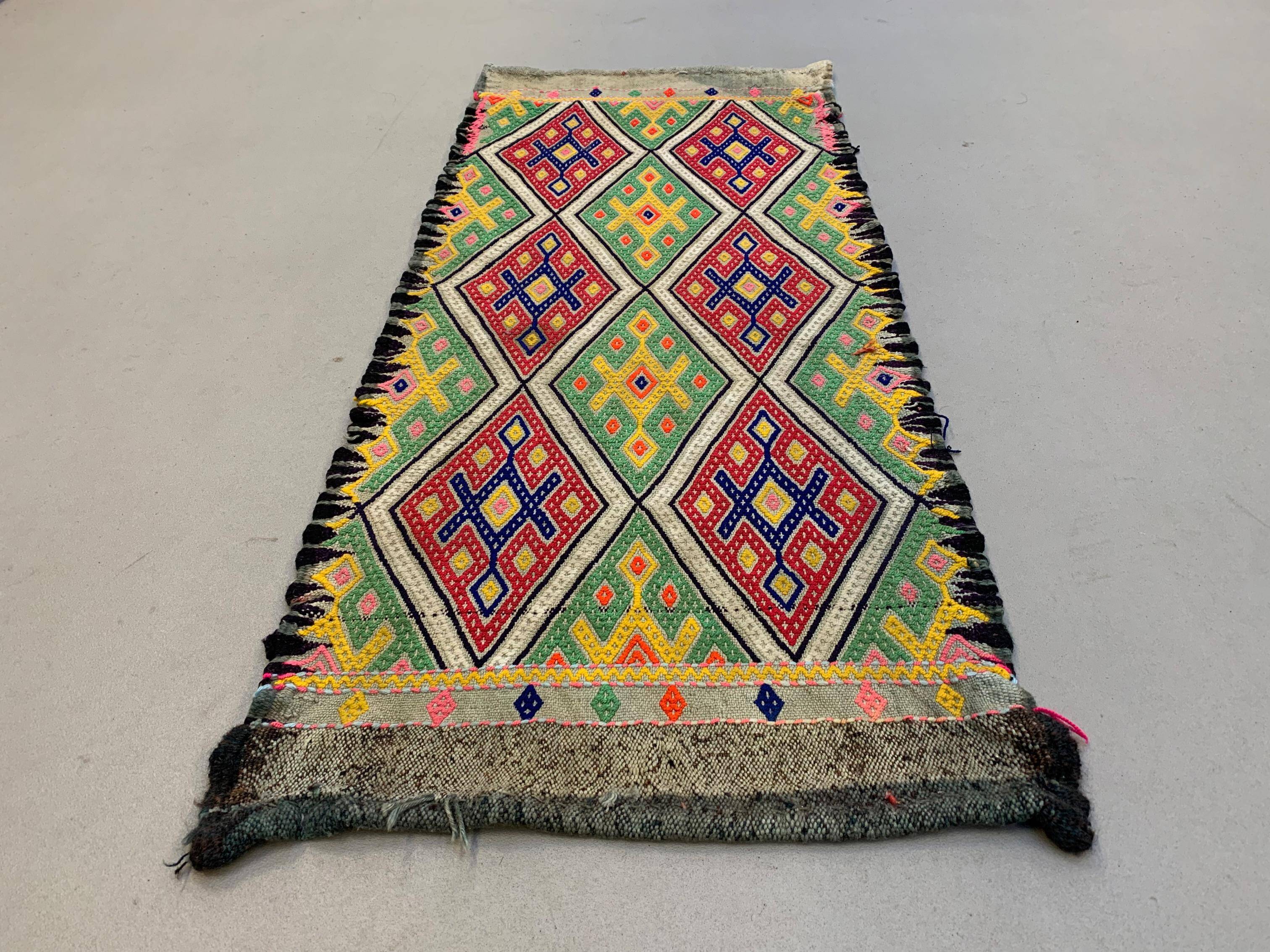 Vintage Turkish Mini Kilim 95x42 cm Wool Small Kelim Runner, shabby Chic