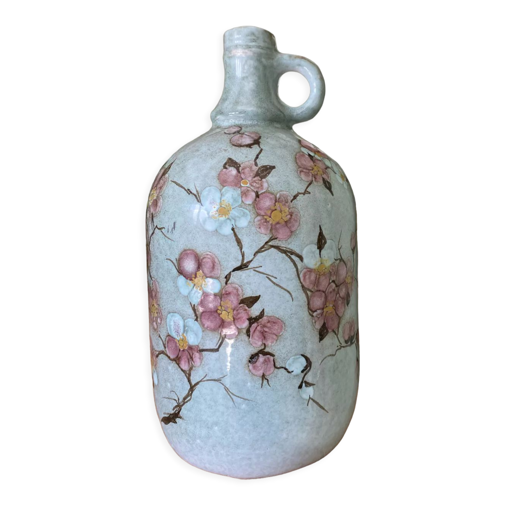 Signed ceramic bottle vase, cherry blossoms, 70s