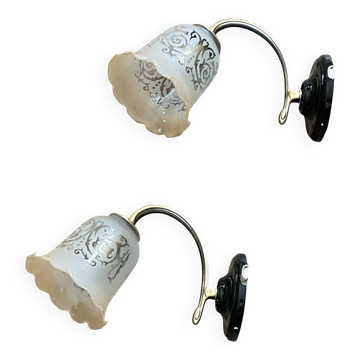Pair of brass swan neck wall sconces, glass tulips with screen printing.
