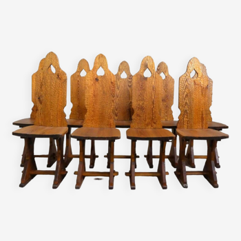 set of 9 gouge-worked pine chairs, 1970