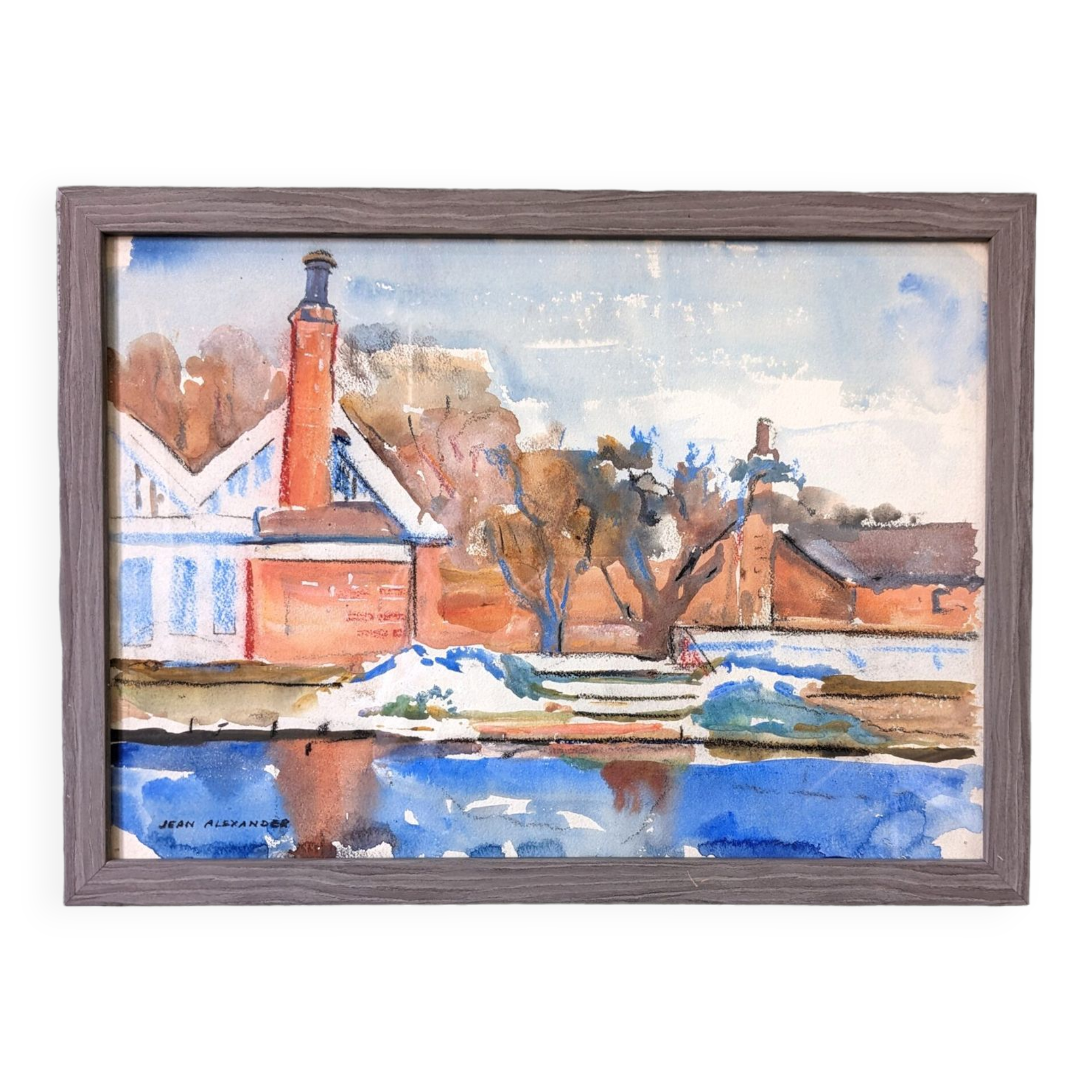 Mid-Century Modern Swedish "The Waterway" Vintage Landscape Watercolour Painting, Framed