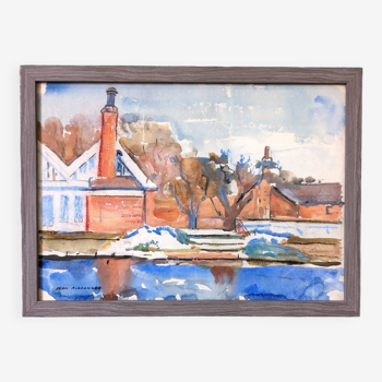 Peinture à l’aquarelle de paysage vintage suédoise du milieu du siècle « The Waterway » moderne, encadrée