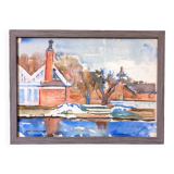 Mid-Century Modern Swedish "The Waterway" Vintage Landscape Watercolour Painting, Framed