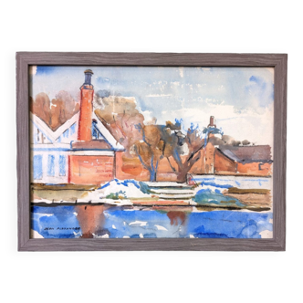 Mid-Century Modern Swedish "The Waterway" Vintage Landscape Watercolour Painting, Framed