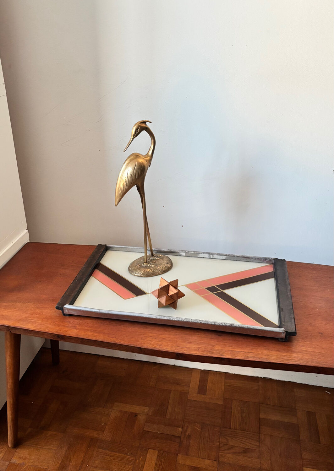 Art Deco wooden and painted glass plateau