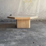 Beige Travertine Sculptural Coffee Table — Hexagonal Solid Natural Stone, Brutalist Design