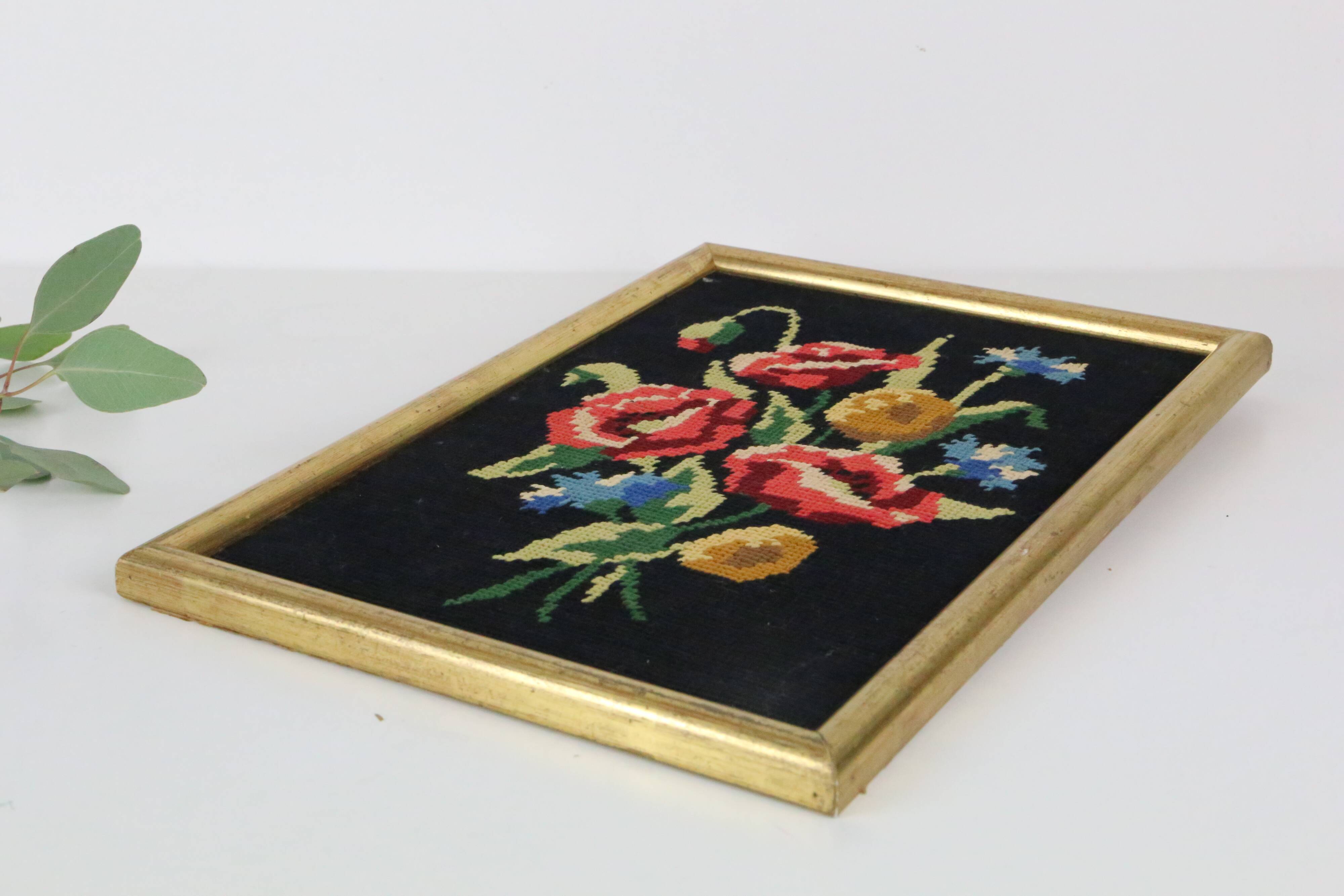 canvas bouquet of flowers in cross stitch, wall painting, vintage