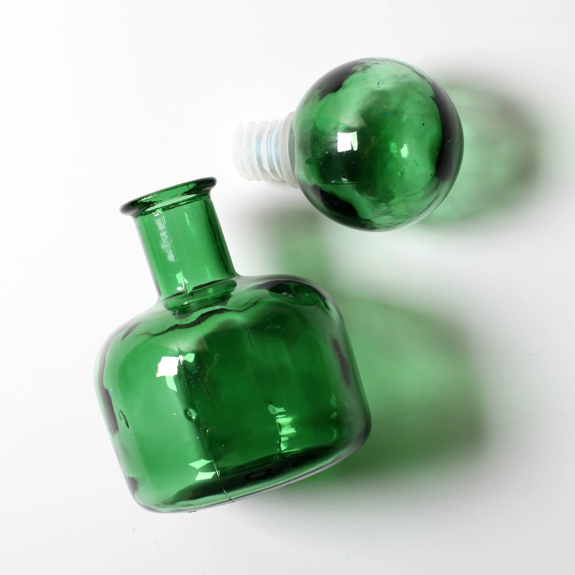 Emerald Green Glass Decanter / Genie Bottle with Stopper / Empoli / 1960s