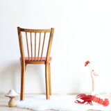Bistro chair with bars of the 50s in wood and imitation red leather