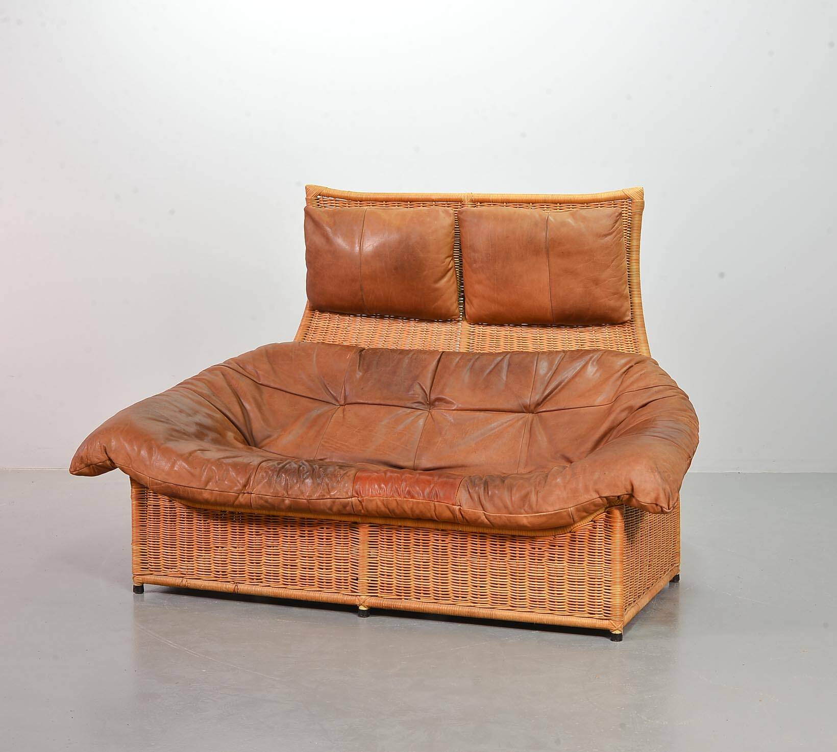 Gerard van de Berg Cognac Patchwork Leather 2-Seat Rockstyle Cane Sofa 70s