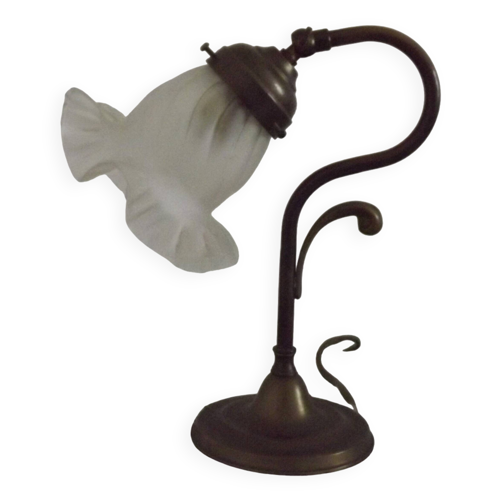Vintage French Brass Gooseneck Table Lamp with Opaque Patterned Glass Shade 5522