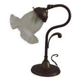 Vintage French Brass Gooseneck Table Lamp with Opaque Patterned Glass Shade 5522