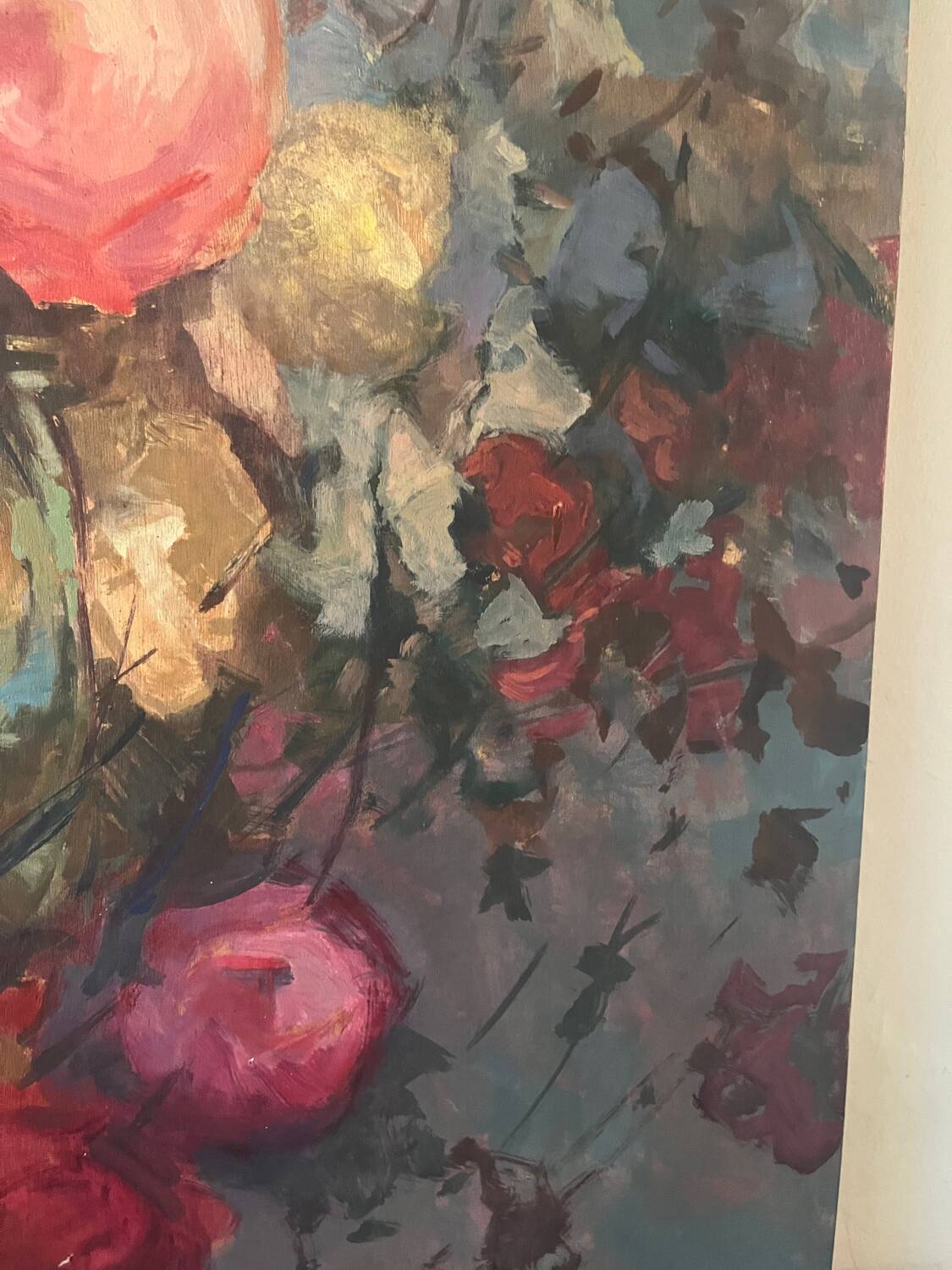 Large bouquet of roses, oil on wood panel, signed